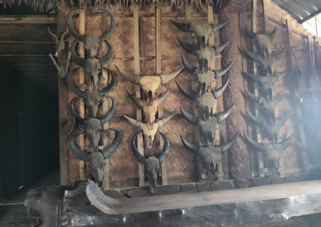 Interior of the Angh’s house in Longwa, with animal skulls displayed on woven walls.