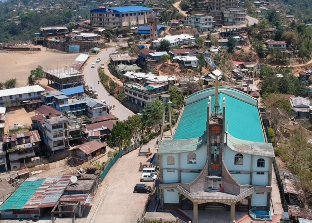 Longleng Town Baptist Church among hillside homes